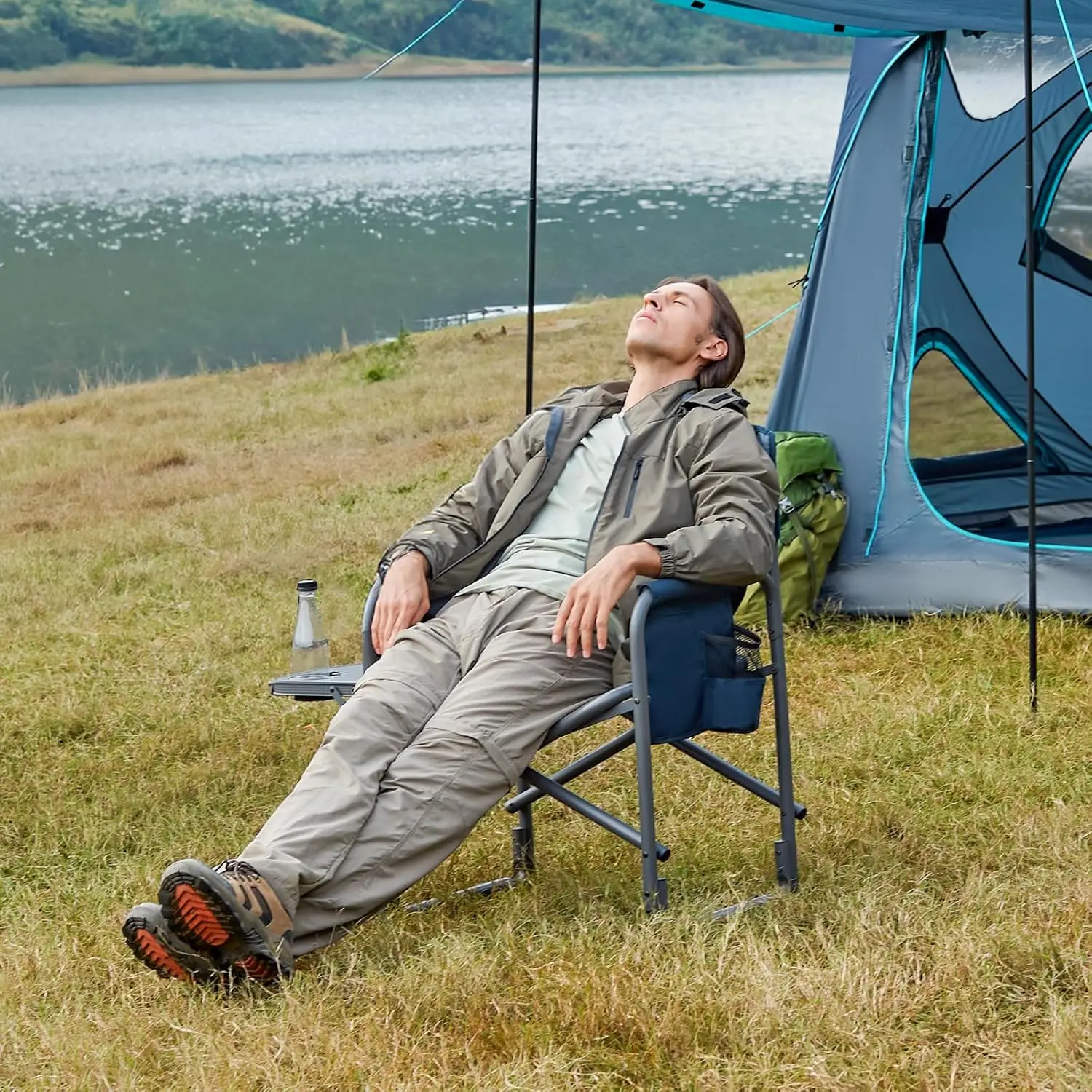 RIDGE lichtgewicht extra grote campingstoel, draagbare aluminium regisseursstoel met bijzettafel, afneembare zijvak voor buiten