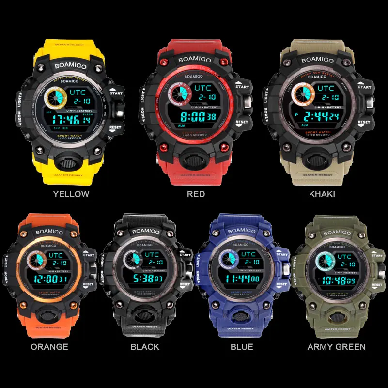 Men Sports Watches BOAMIGO Brand Digital LED Orange Shock Swim military Rubber Wristwatches Waterproof Clock Relogio Masculino