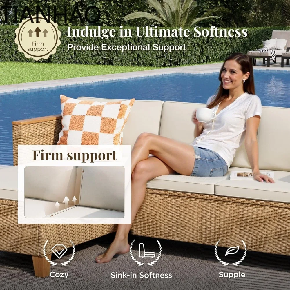 Wicker Outdoor Patio Furniture Set 3 Pieces Patio Chaise Longue Conversation Set, Rattan L-Shaped Sofa Couch with Acacia Wood