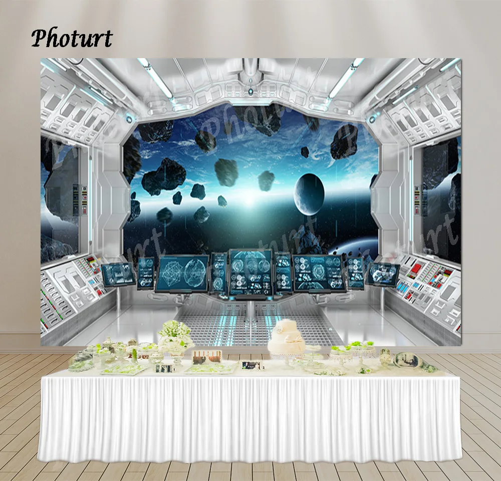 PHOTURT Universe Space Station Backdrop Birthday Photography Banner Capsule Spaceship Astronaut Vinyl Background Studio Props