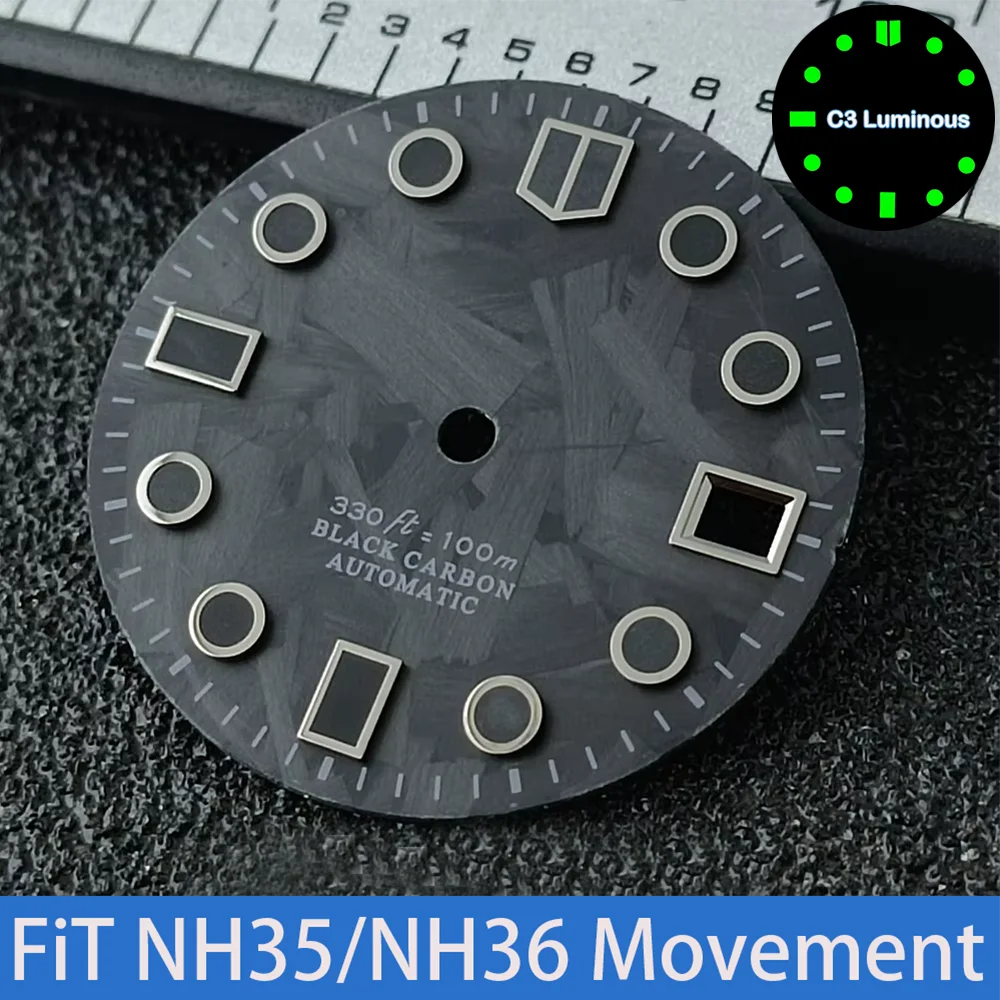 NH35 Black Carbon Fiber Dial 28.5mm Single Calendar C3 Luminou  Fit NH35 NH36 M8215 E2824 Movement Men’s Watch Accessories