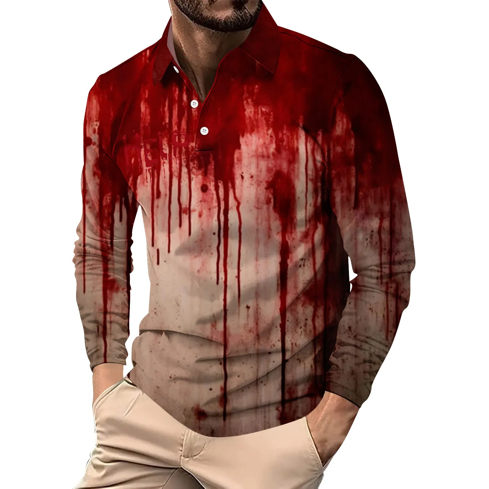 Heren overhemd knop decoratie top losse casual Halloween brief print bloed horror sfeer eng revers shirt met lange mouwen top