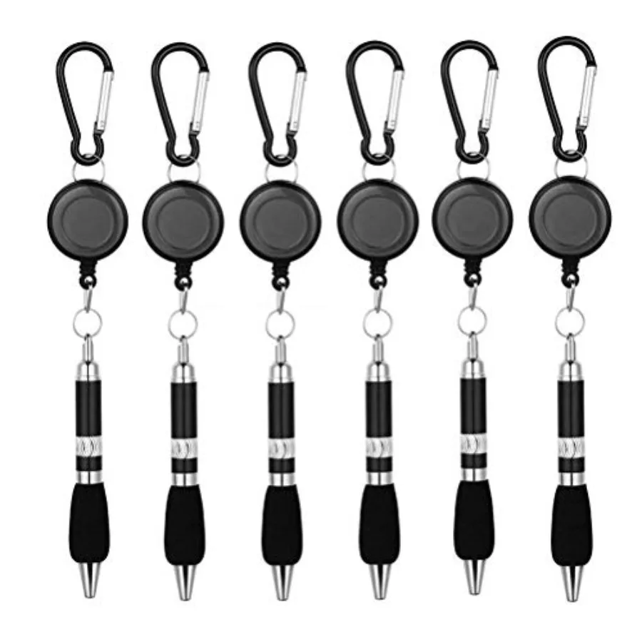 

6 Pieces Black Carabiner Pens, Retractable Badge Reel Pens with Blue Ink, Lightweight and Durable