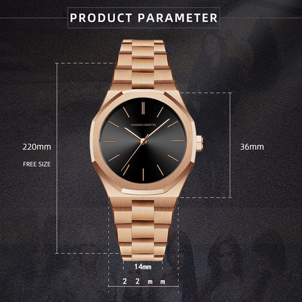 هانا مارتن العلامة التجارية ساعة نسائية موضة مثمنة حركة كوارتز يابانية بسيطة ارتفع الذهب 36 مللي متر الفولاذ المقاوم للصدأ هدية ساعة اليد