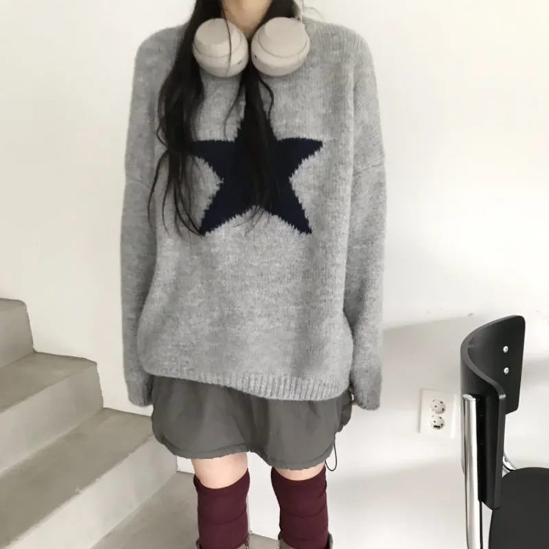 Stars Pattern Winter Women maglioni lavorati a maglia moda coreana Pullover caldo e spesso sciolto Femme O Neck maglioni Casual Vintage 2023