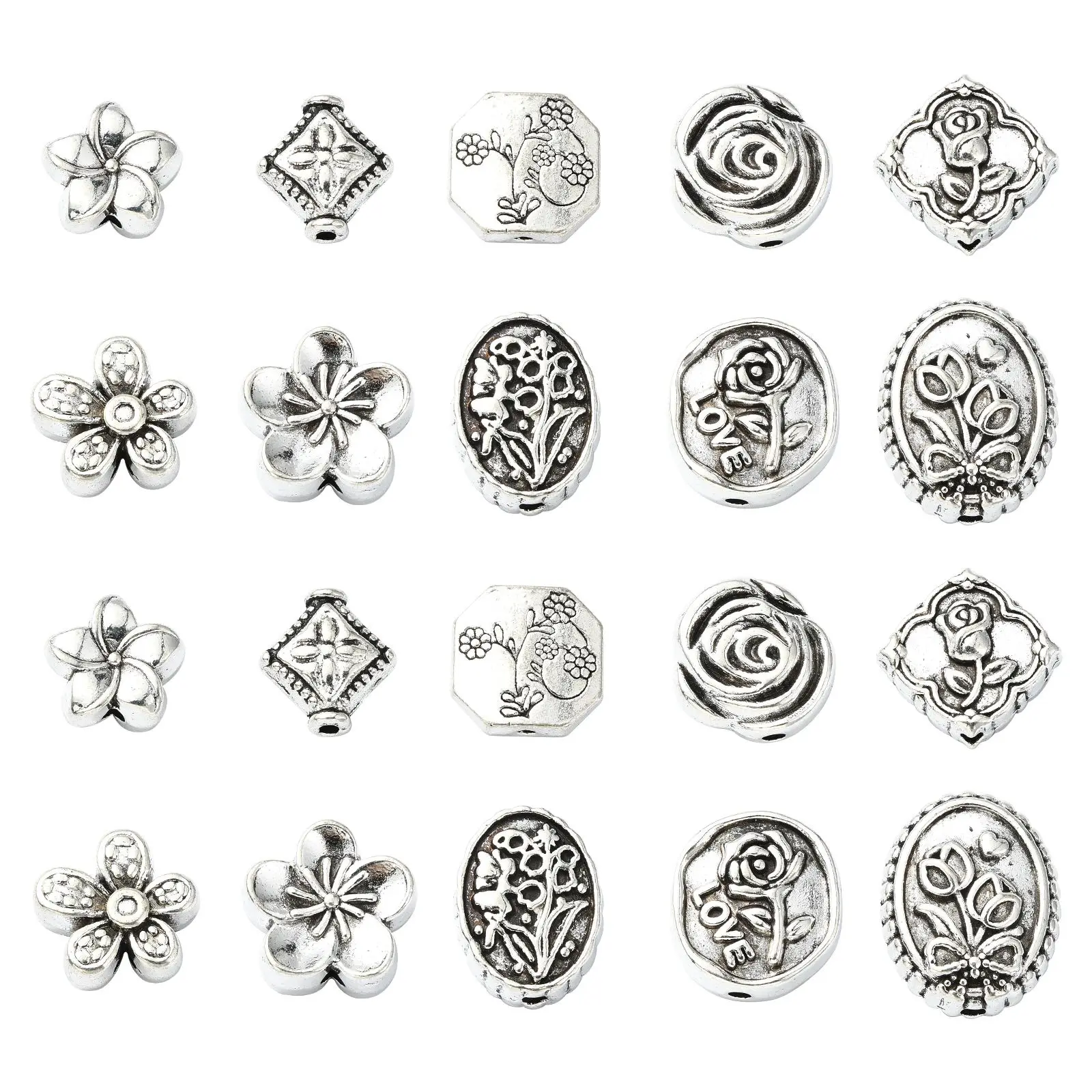 Pandahall 100Pcs 10 Styles Antique Silver Flower Shape Spacer Beads Tibetan Flower Loose Beads for Jewelry Making Supplies