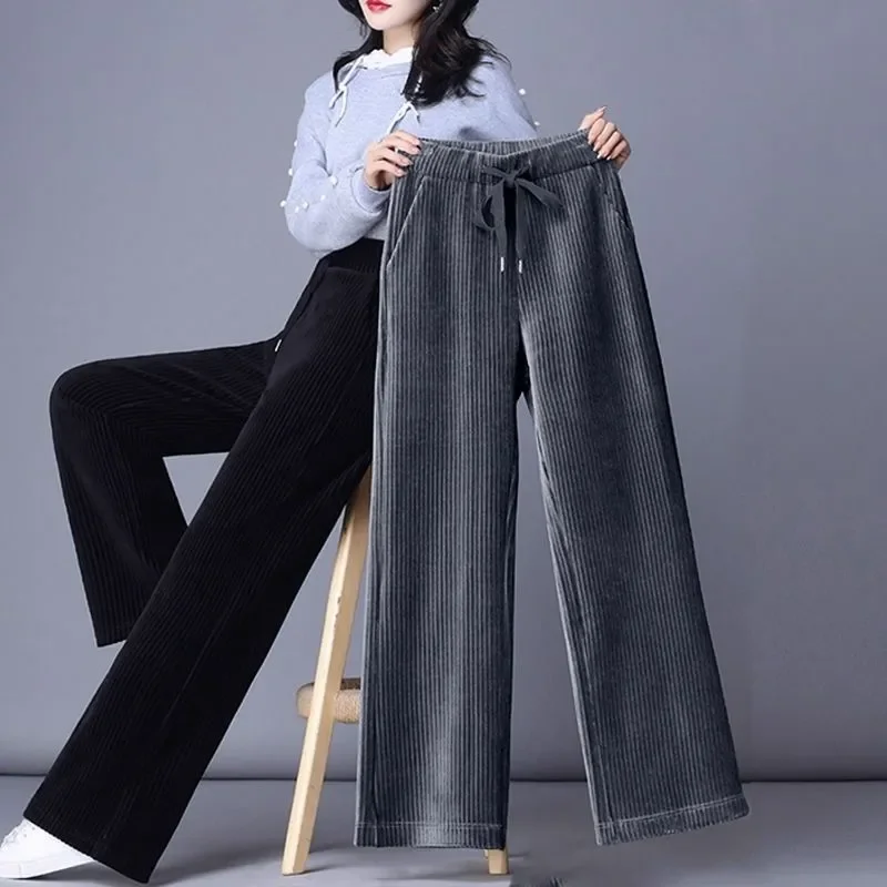 

Corduroy Thicken Loose Wide Leg Pants Pockets High Waist Solid Elastic Lace-up Casual Oversize Women Straight Trousers LJ128