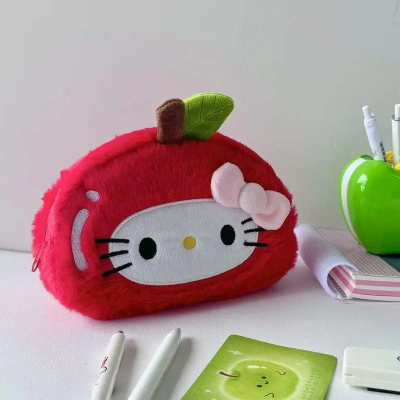Monedero de felpa de Hello Kitty de dibujos animados Kawaii, bolsa de almacenamiento de brochas de maquillaje portátil de gran capacidad, regalo para amigos