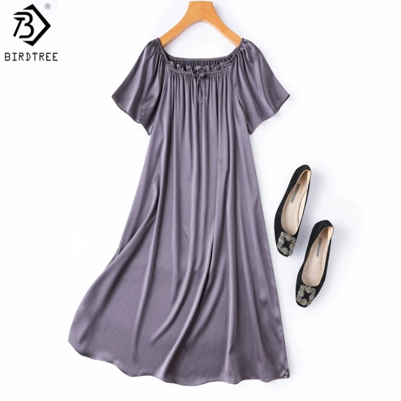 Birdtree, 21MM 92% Silk 8% Spandex Nightgown, O-neck, Women Plain Satin Solid Pajama Homewear Dresses, 2026 Summer New D65914JF