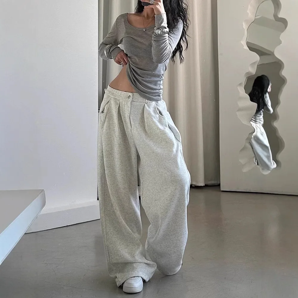 

New American Retro Sports Pants with Spring and Autumn Drape Floor Length Pants Loose and Wide Leg Casual Pants