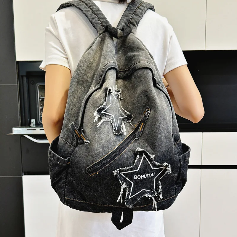 Gradient wear-resistant denim commuting large-capacity student schoolbag, color-blocking five-pointed star travel backpack