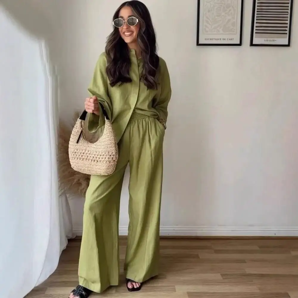

Loose irt Wide Leg Pants Casual Set Summer Ladies Faion Ensemble Long Sve Long Pants Comfortable Women's Outfit