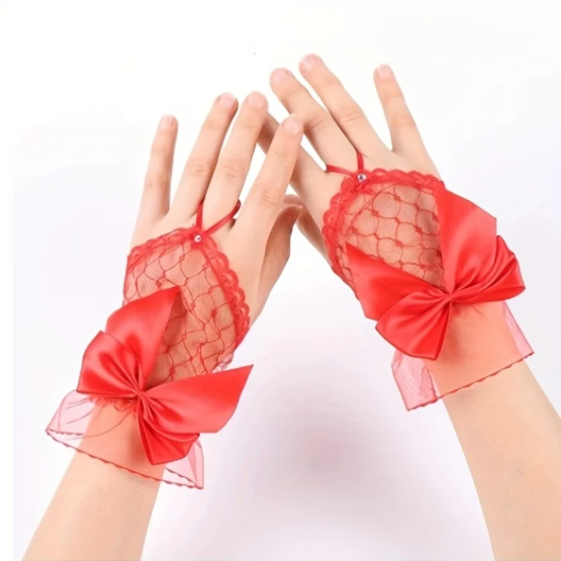 Black Punk Fingerless Gloves with Bowknot and lace details Non-elastic Texture Design Suitable for women's