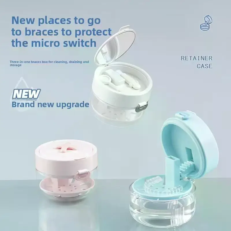 1Pcs 3 In 1 Portable Double-layer Denture Case With Cleaning Brush Storage Box Donut Braces Retainer Braces Organizer