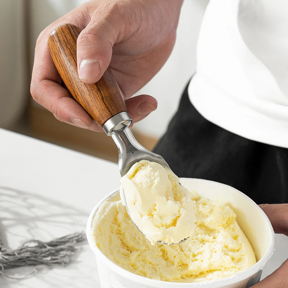 

1pc Ice Cream Scoop Wood Handle Stainless Steel Dessert Ball Spoon For Fruit Watermelon Mashing Potato Kitchen Tool
