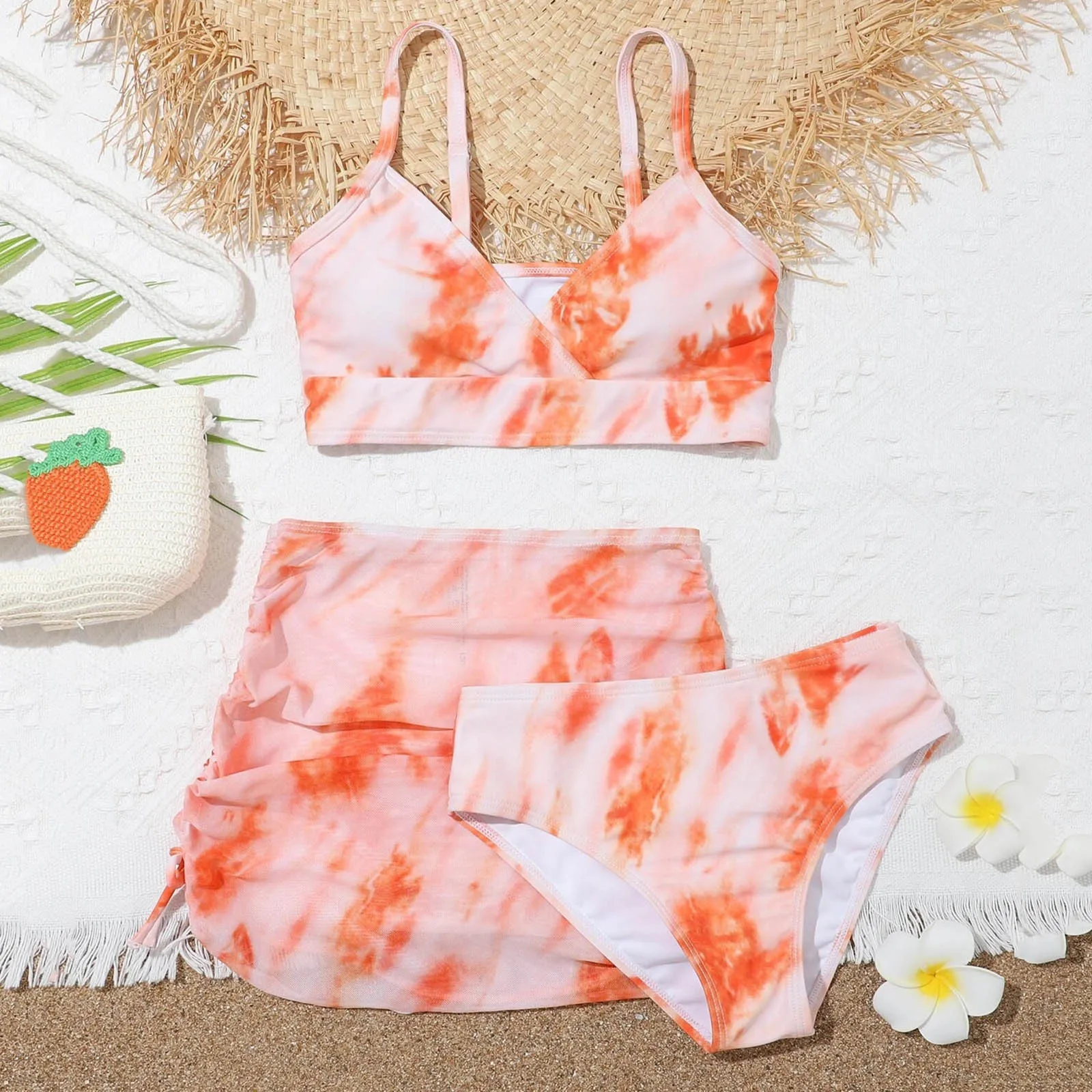 Swimwear Girls\' Summer Cute Crisscross To Dyeing Printing Floral Print Three Piece Swimsuit swimwear baby girl 2-12 Year