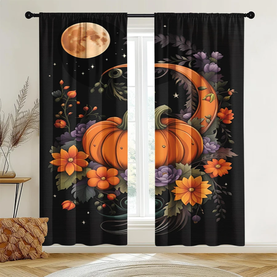 2PCS Digital Print Curtain, Pumpkins Flowers Moon Stars, Black Background Boho Autumn Style for Living Room Bedroom Decor