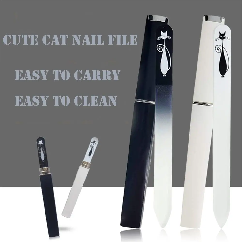 White Professional Cat Pattern Nail Salon Float Glass Nail Tools Manicure Device Nail Art Buffer Files Nail File With Case