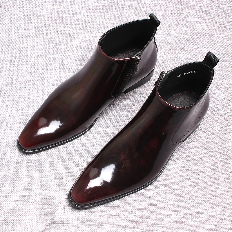 Luxury Genuine Leather Men\'s Ankle Boots Slip On Black Burgundy Pointy Men Casual Dress Boots Formal Mens Chelsea Boots For Men