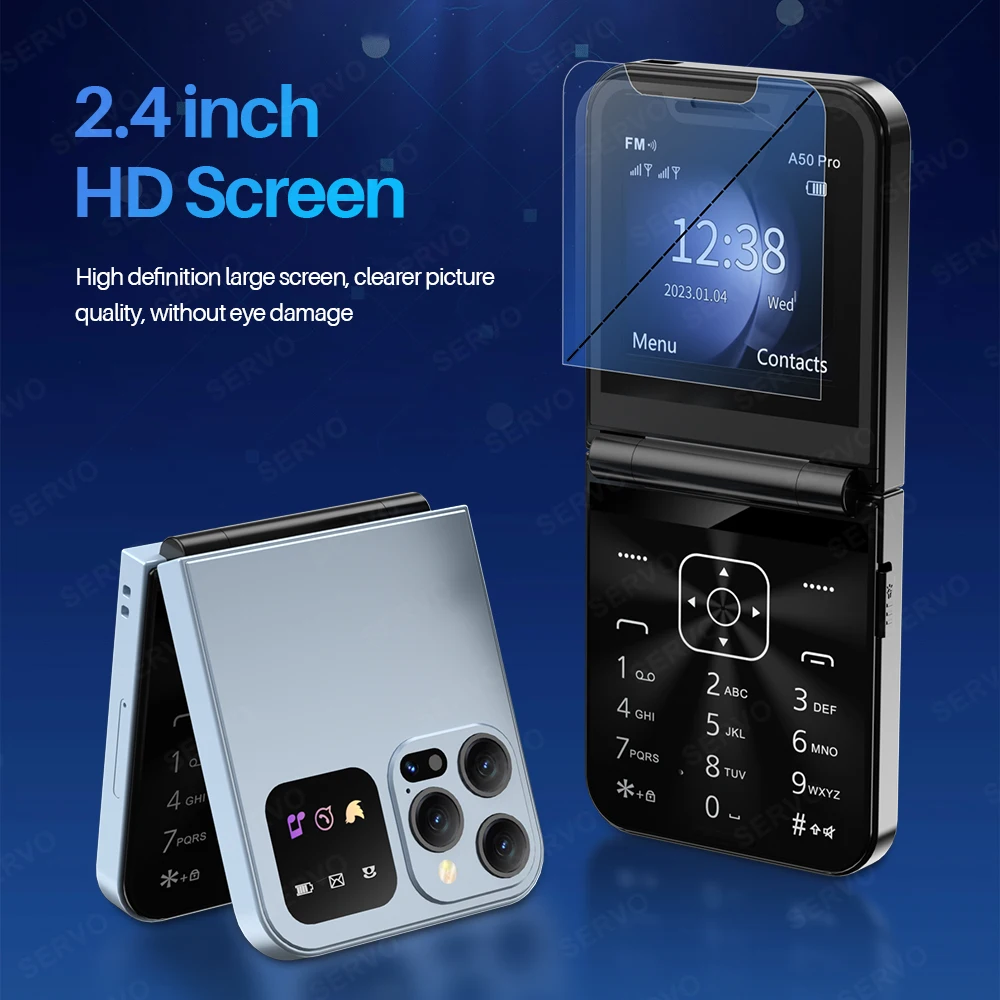 SERVO A50 PRO الهواتف المحمولة القائمة السوداء الصوتية السحرية المزدوجة سيم سجل المكالمات سرعة الاتصال الهاتفي الهواتف المحمولة القابلة للطي 2.4 "عرض Type-C