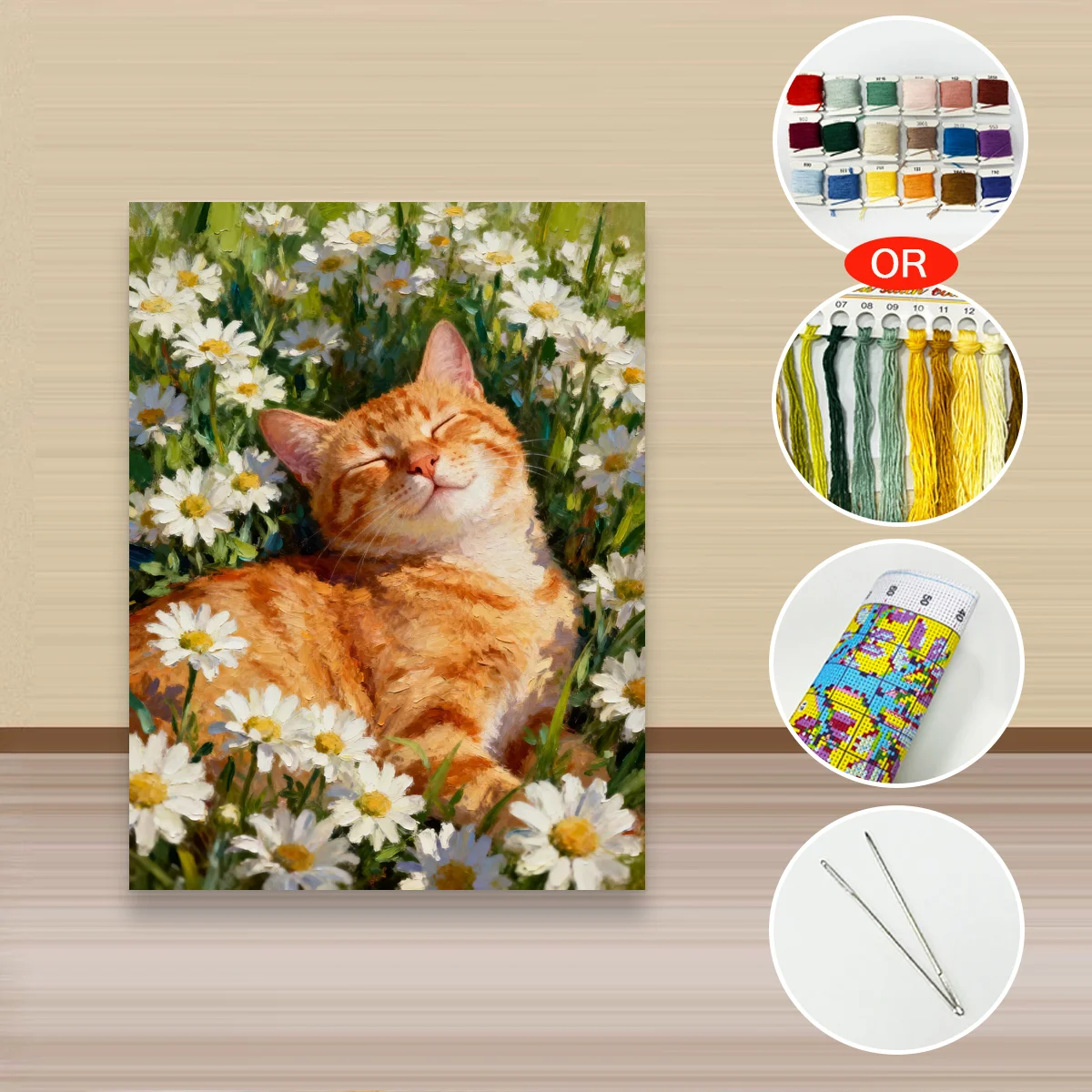 1 Stück 30x40cm/11,8x15,7 Zoll, 11Ct/14Ct Kreuzstich-Set, DIY Valentinstagsgeschenk, Stickerei-Set für Festlichkeiten, Orange Katze in Gänseblümchen-Feld – Detail 2