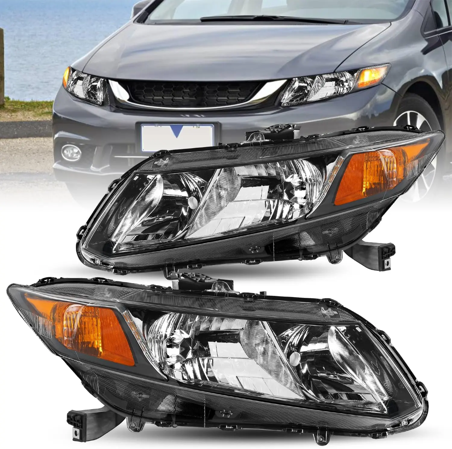 

Halogen Headlights Assembly Replacement for 2012-2015 Honda Civic 4Dr Sedan, 2012-2013 Honda Civic 2Dr Coupe, OE Style Headlamp