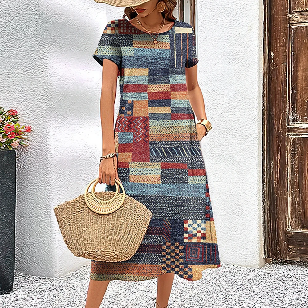 

New Design Patchwork Pattern Print Women's Dresses Female Elegant Dresses 2024 Summer Plus Size Long Dresses Women's Clothing