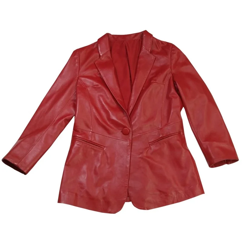 Red Lambskin Real Spring Leather Suits Jacket Office Lady Elegant 100% Genuine Leather Blazer Coat Women Slim Short outwear