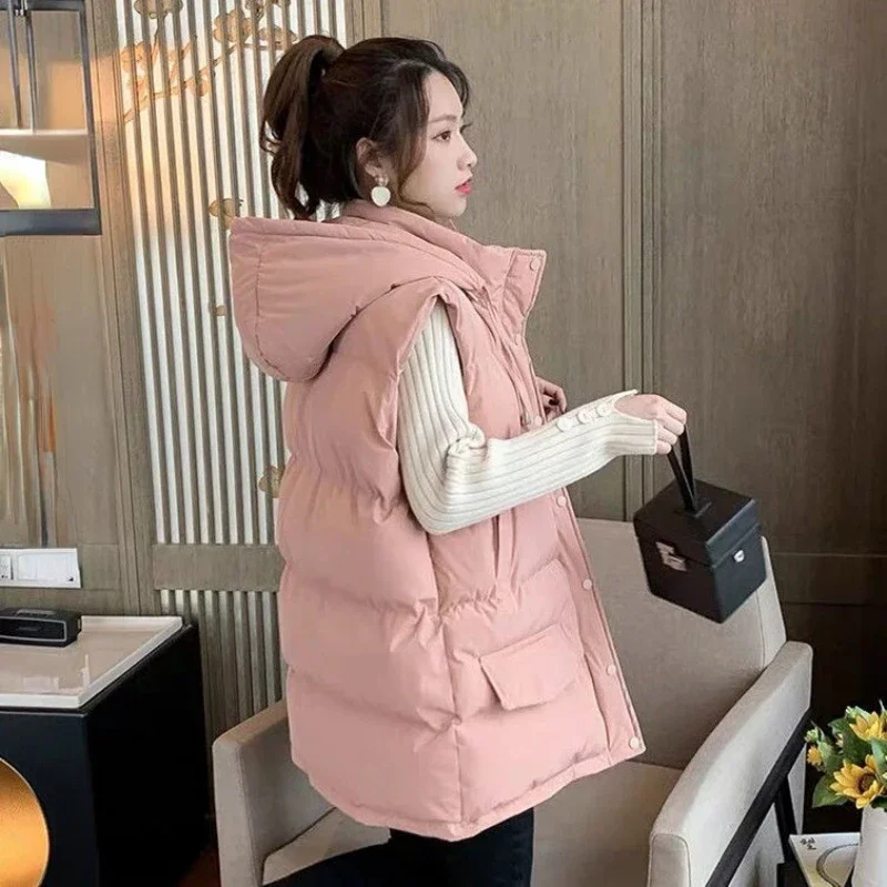 

2024 New Winter Jacket Women Vest Sleeveless Waistcoat Female Long Coat Jacket Hooded Cotton Padded Warm Vest Lady Outwear