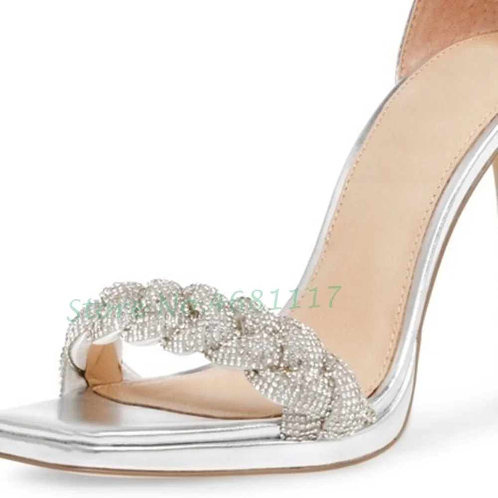 Women\'s Sexy Silver Crystal Heels Sandals Women Buckle Strap Mirror Leather Thin Heels Party Banquet Sandals 2022 Summer Shoes
