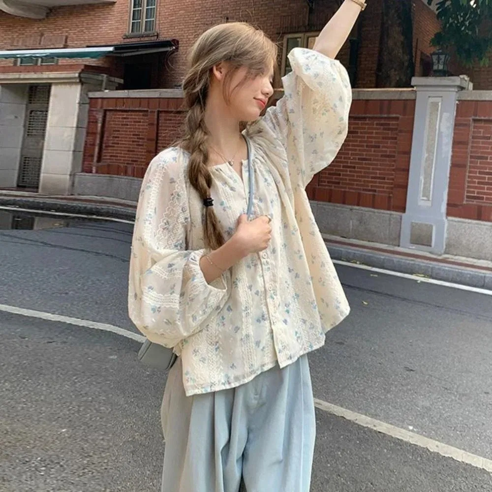 

Fashion Pleated Long Sleeve Blouse Ins Sweet Flower Shirt Top Loose Casual Lace Floral Blouse Spring Fall