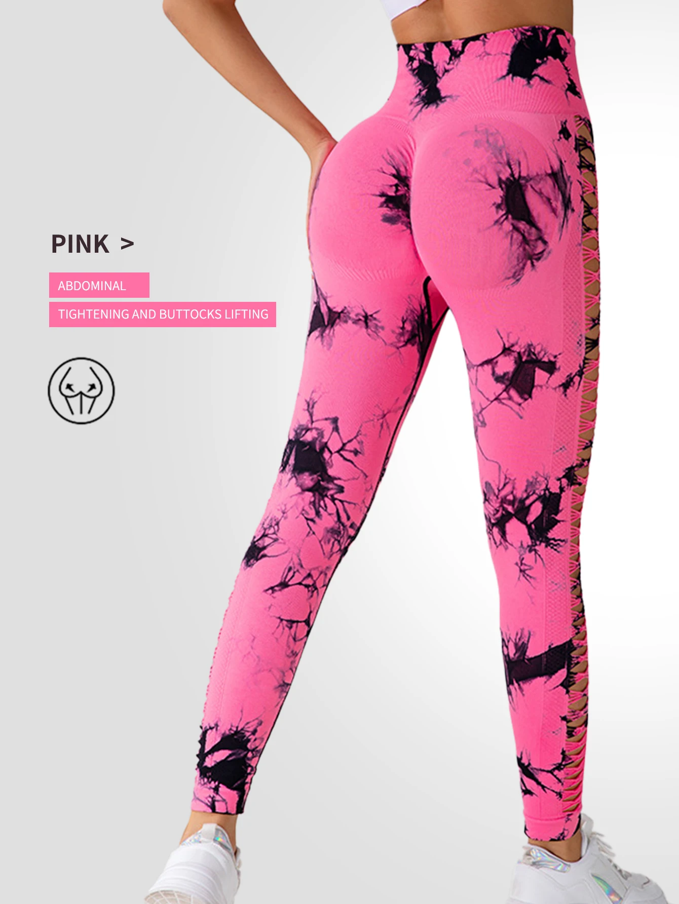 ใหม่กางเกงโยคะมัดย้อมกลวงด้านข้าง,กางเกงรัดรูปยกสะโพกพีชข้ามพรมแดน,กางเกงออกกําลังกายแบบไม่มีรอยต่อเอวสูงสําหรับผู้หญิง