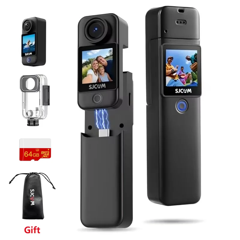 C300 SJCAM Pocket Travel Action Camera 4K: 7-Hour Battery, 6-Axis Stabilization, 30M Waterproof, Dual Touchscreen for Vlogging