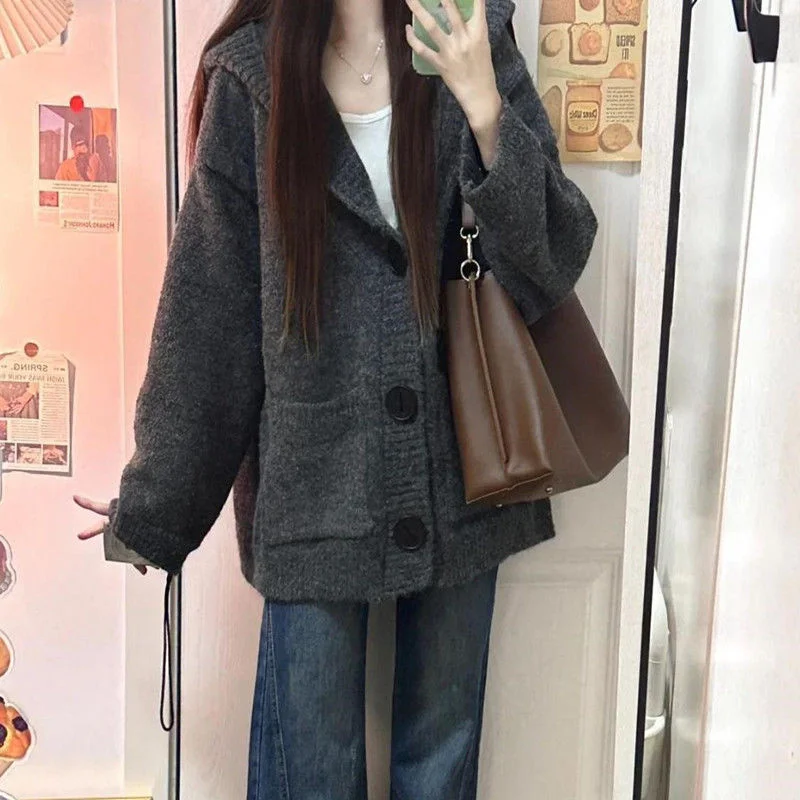 

Mid-Long Cardigans Unique Womens Autumn Thermal Loose-Fit Asymmetric Lining Lapel Layering Mohair Elegant Sleeve Cut Chunky Slim
