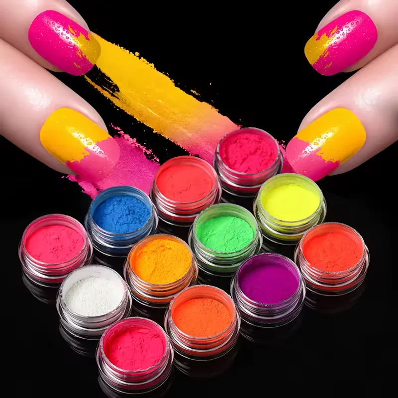 12pcs/set Colorful Professional Gel Polish Smooth Acrylic Powder Manicure Diy Fluorescent Neon Pigment Powder Nails Decorations