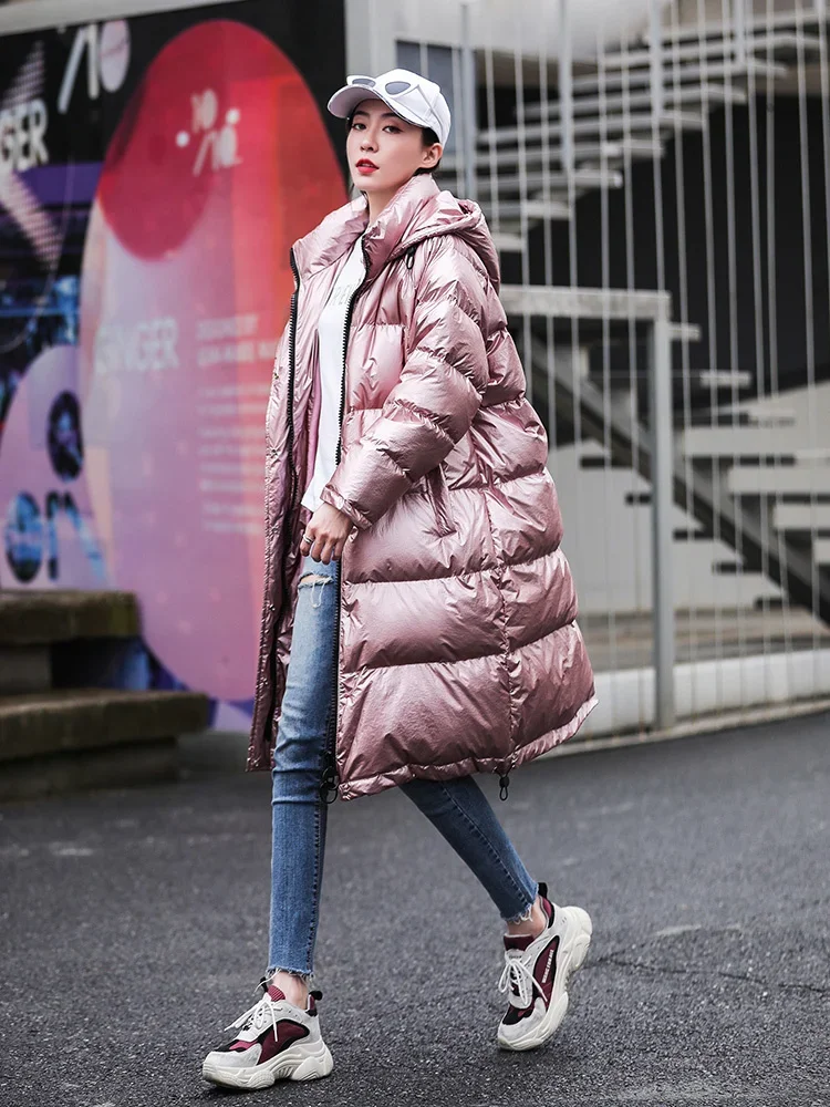 Winter Women\'s Coats Long Hooded Parkas Fashion Glossy Warm Thicken Cotton Padded Overcoat Oversize Puffer Jackets Female