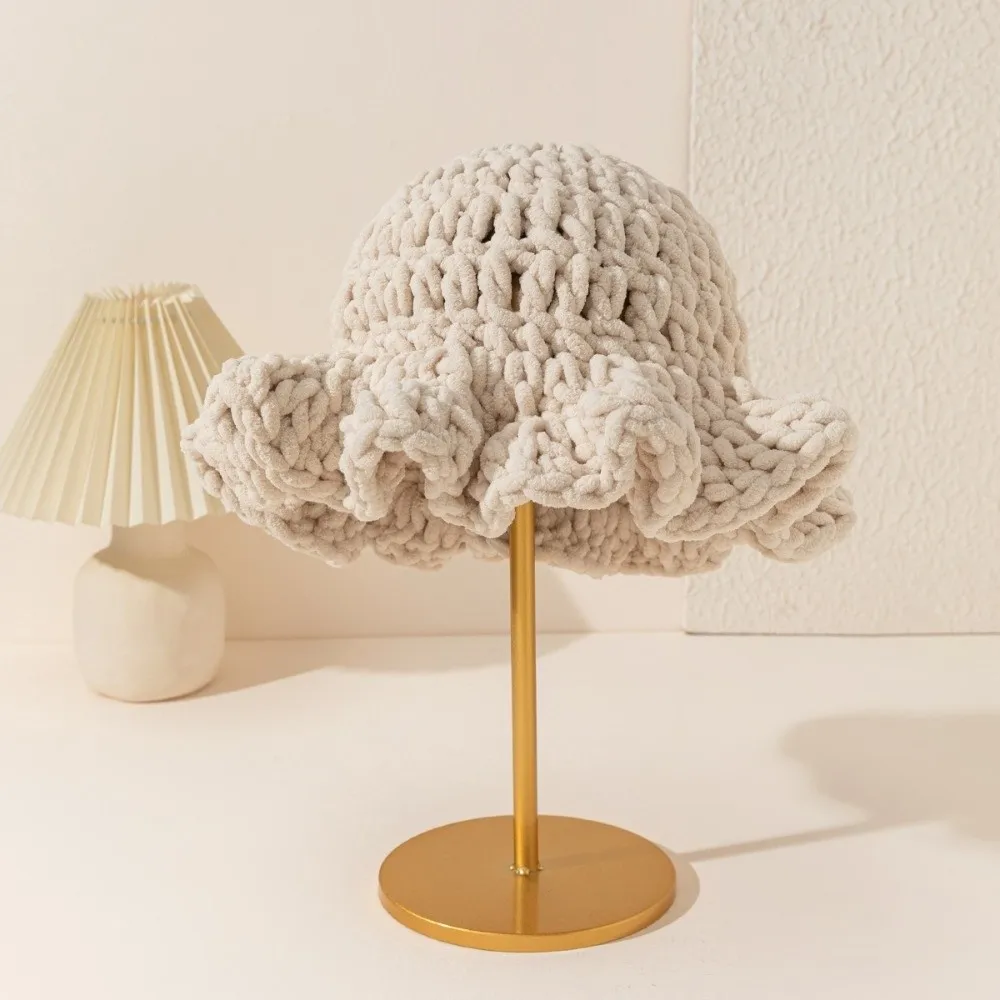 Fashion Sweet Ruffled Edge Fisherman Hat Cable Knit Handcrafted Knitted Beanie Thick Wavy-Brimmed Winter Warm Bucket Hat Cycling