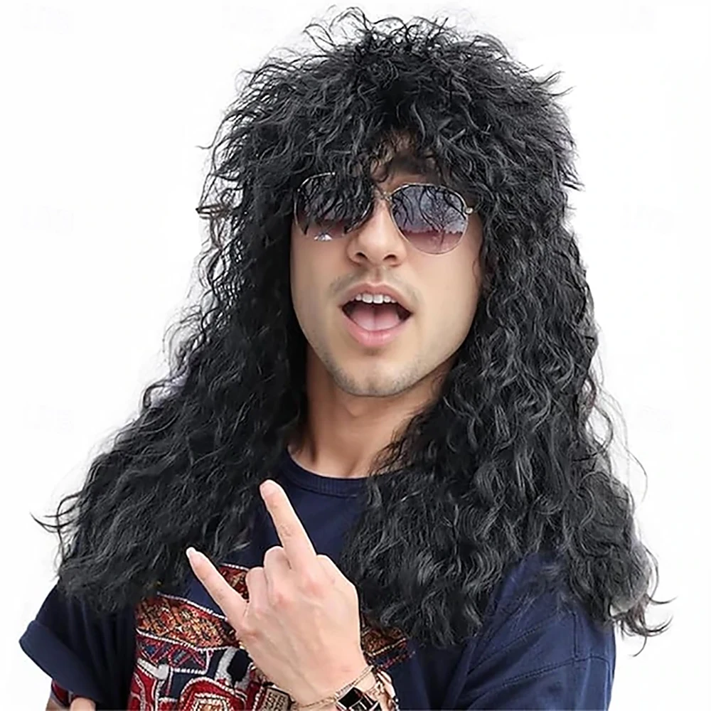 Synthetic Hair Mens 80s Wig Long Black Curly Mullet Wig Men Costume Heavy Metal Rocker for Costume Party Cosplay