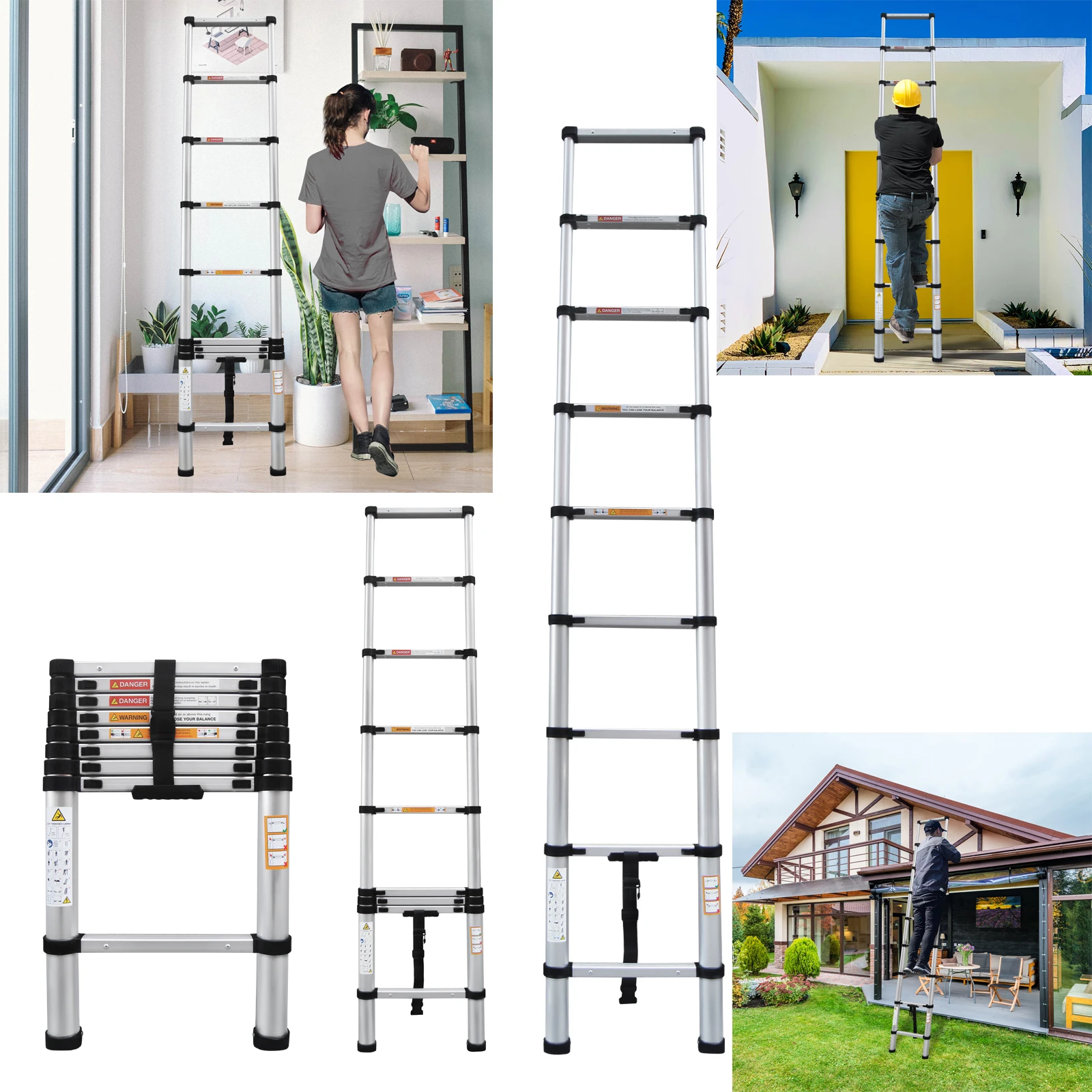 2.6M Telescopic Ladder, Aluminium Extension，for Decorating Painting, Portable Loft Ladders Aluminium Max Load 150kg/330lb