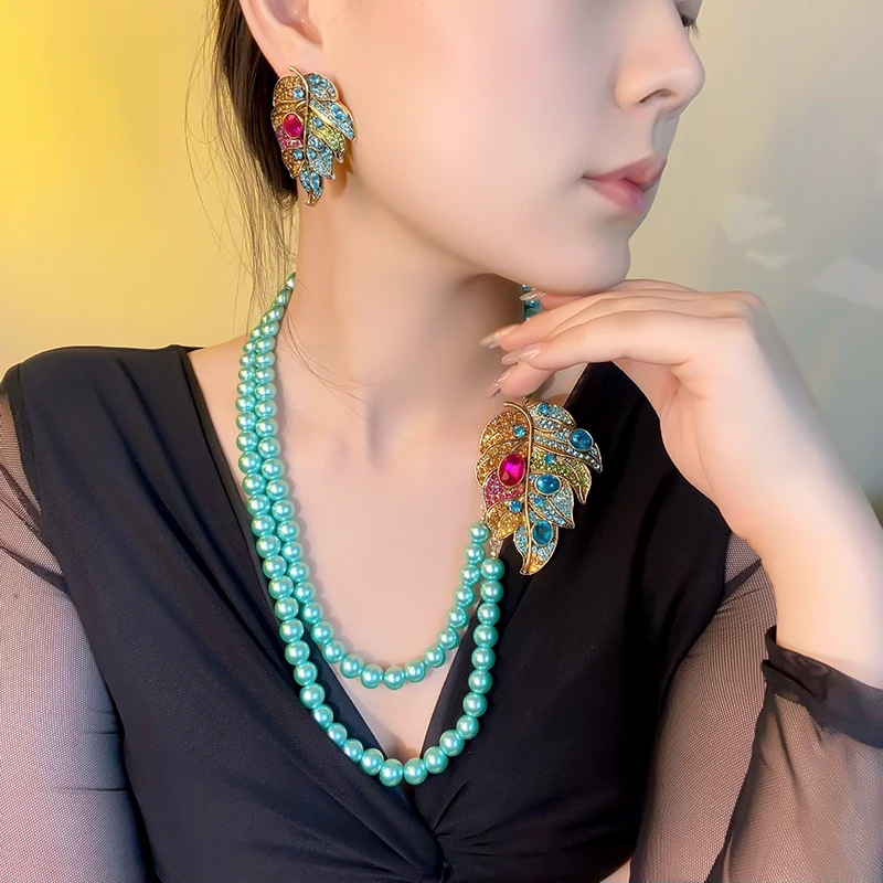 FYUAN Luxury Double Blue Beads Necklace For Women Colourful Leaf Crystal Earrings Weddings Banquet Jewelry Sets