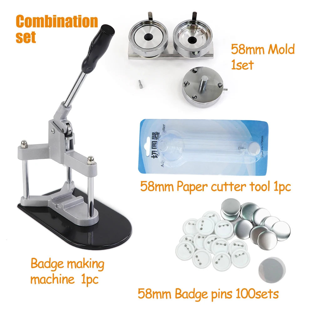 Modern 58mm Badge Making Machine Combo Set with 100 Sets of Pin Materials Stamping and Die Cutting Printing Technique