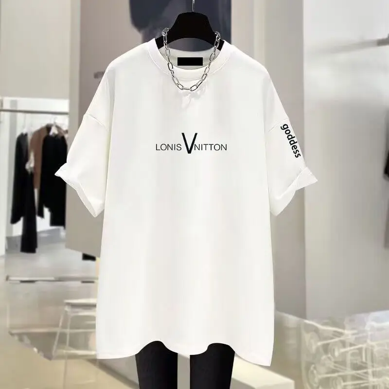 Women's Fashion Versatile Pure Cotton Simple Letter Short Sleeve T-Shirts Summer New Casual Loose Slim Tops Lady Basic Tee S-4XL