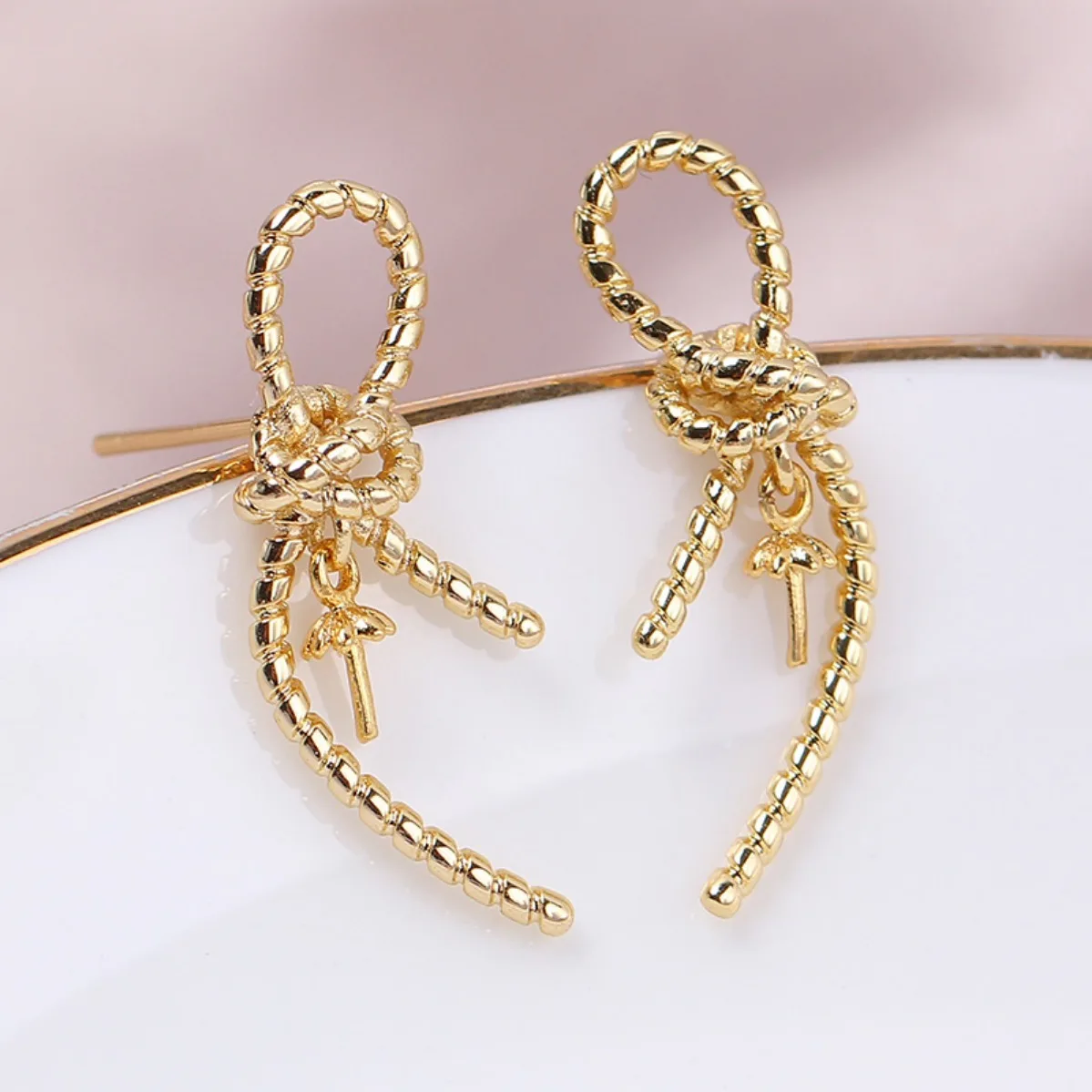Women Brass 14K Gold Plated Twisted Rope Knot Blank Setting Handmade Findings For DIY Pearl S925 Silver Needle Stud Earring