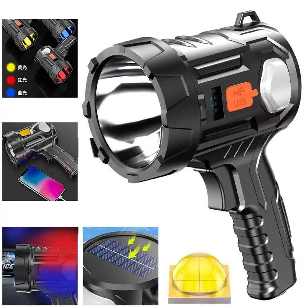 Rechargeable Spotlight, 3000 Lumens Handheld Hunting Flashlight Led Spot light with Cob Light and Solar Panels for Camping