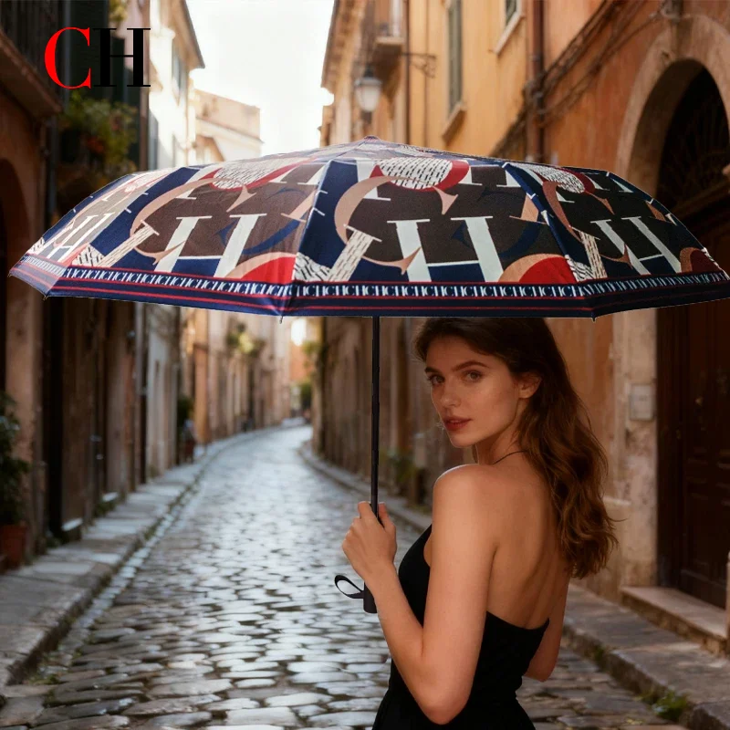 CH Printed Creative Letter Design Windproof Automatic Commuter Folding Umbrella Straight Handle Multifunctional Umbrella Commute