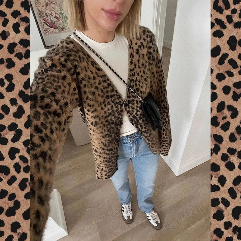 ملابس نسائية أنيقة من نسيج الفهد، معطف مفتوح من الأمام بأكمام طويلة مع أزرار، قمة الموضة الخريفية المثيرة برقبة على شكل V