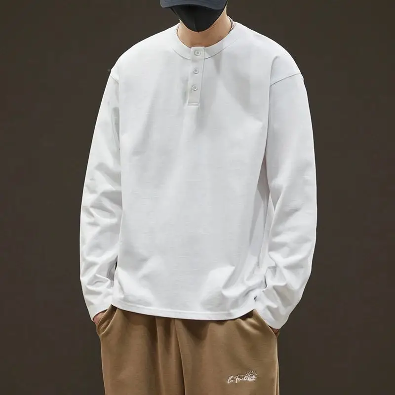 

Винтажные осенние новые футболки в американском стиле, мужские однотонные пуловеры с круглым вырезом и пуговицами, свободные пуловеры с длинными рукавами, топы JJ673