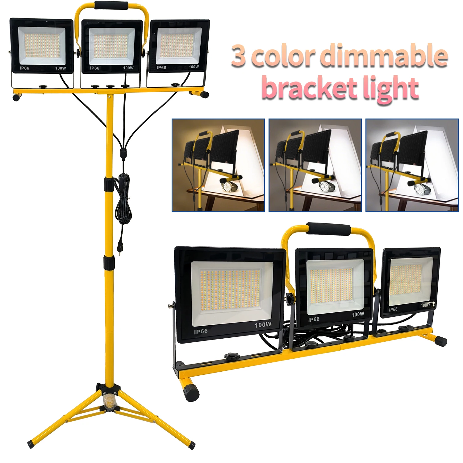 

3-головочный светодиодный рабочий светильник, штатив, 3-кратное изменение цвета, IP66, водонепроницаемый яркий прожектор для строительной фотографии, видео