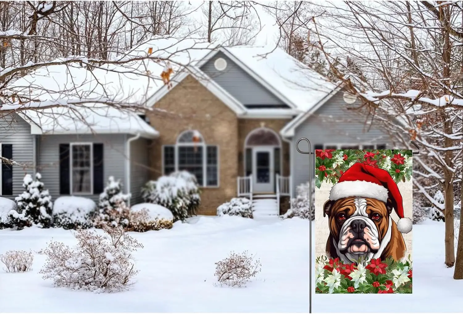 عيد الميلاد الكلب حديقة العلم الإنجليزية البلدغ مع سانتا قبعة ساحة العلم 12x18 بوصة مزدوجة الوجهين لعطلة عيد الميلاد الشتوية الخارجية D HZZ