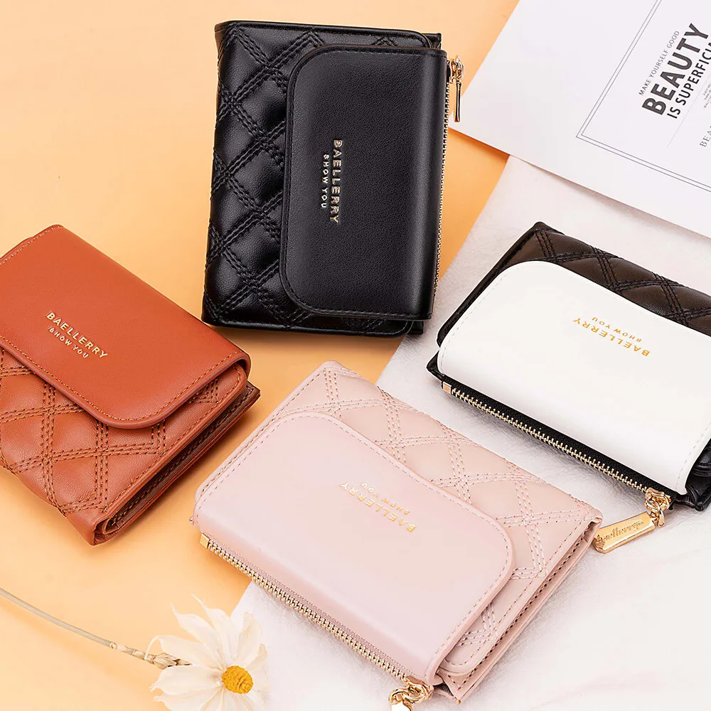 Modische Damen-Geldbörsen aus Leder, dreifach faltbar, kurzes Kreditkartenetui, Geldbörse mit Reißverschluss, Münzfach, Foto, niedliche rosa Geldbörse für Mädchen
